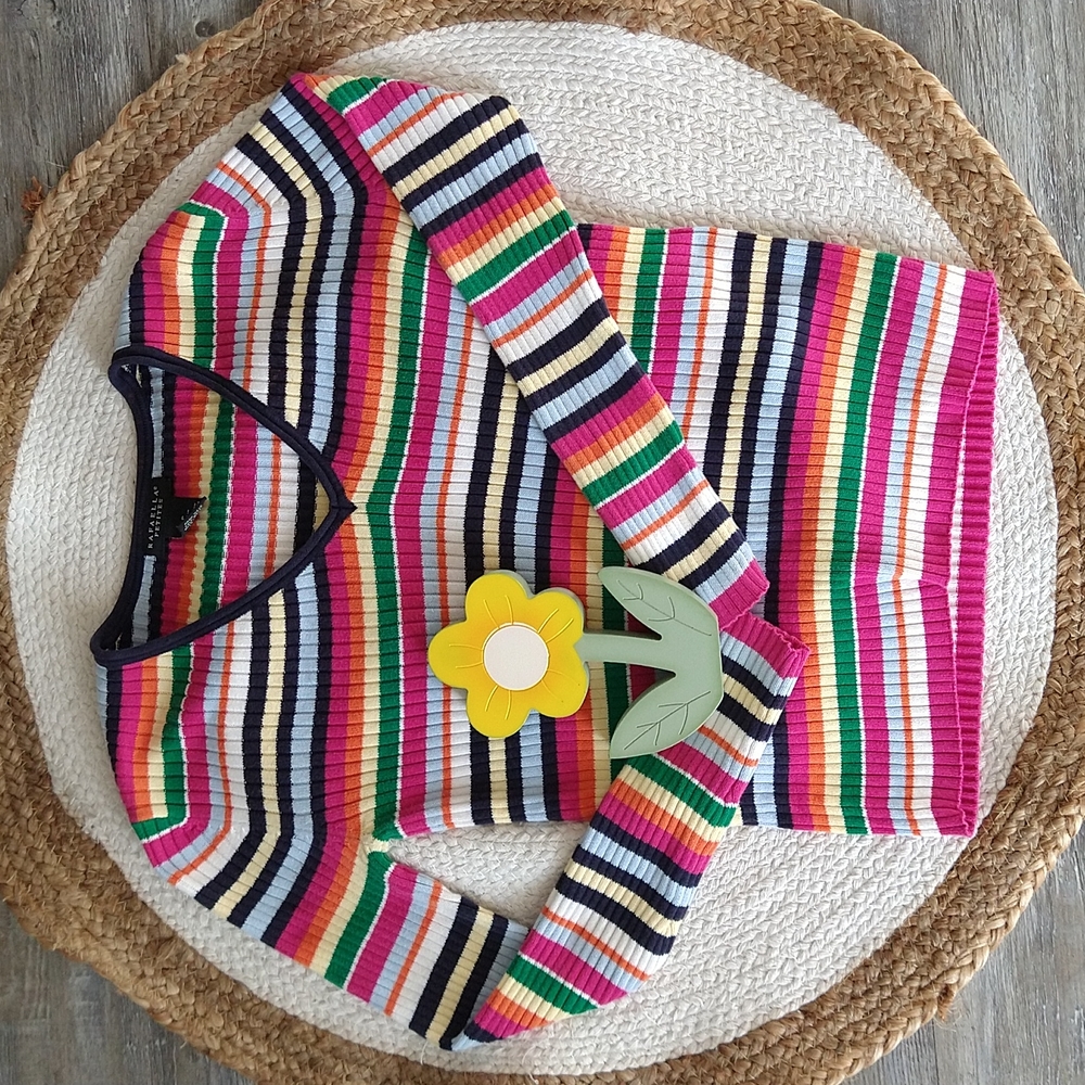 🌼 Rafaella Petites Bright Colorful Striped V-Neck 100% Cotton Sweater